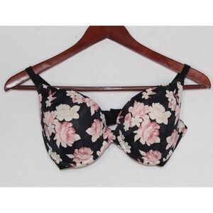 PINK Victoria's Secret 34DD Black & Floral Print Solid Satin Padded Push Up Bra